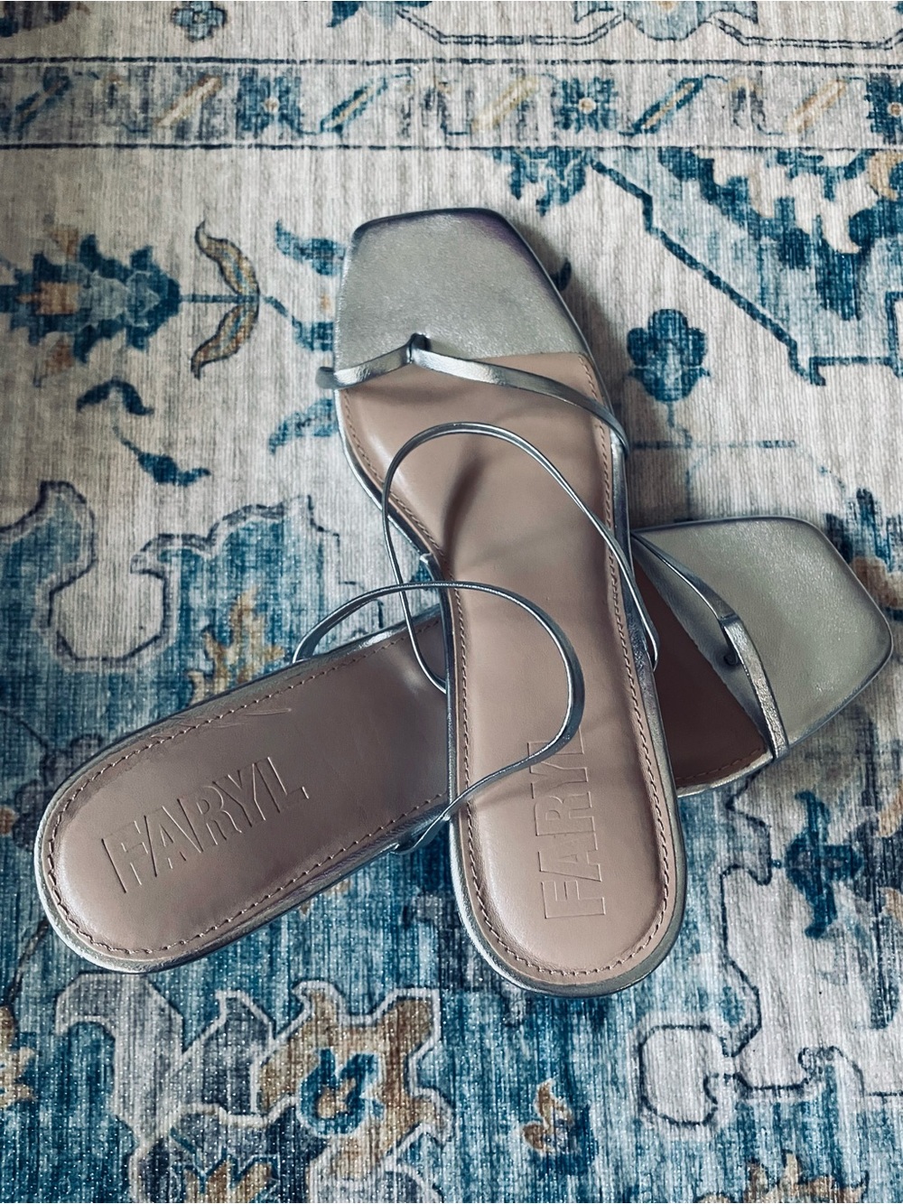 Farylrobin Silver Metallic Square-Toe Strappy Sandal